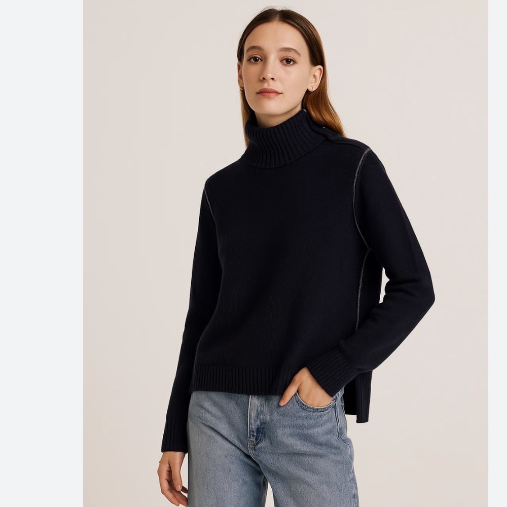 Vince Contrast Mock Neck Wool Cashmere Sweater Navy Size XS
